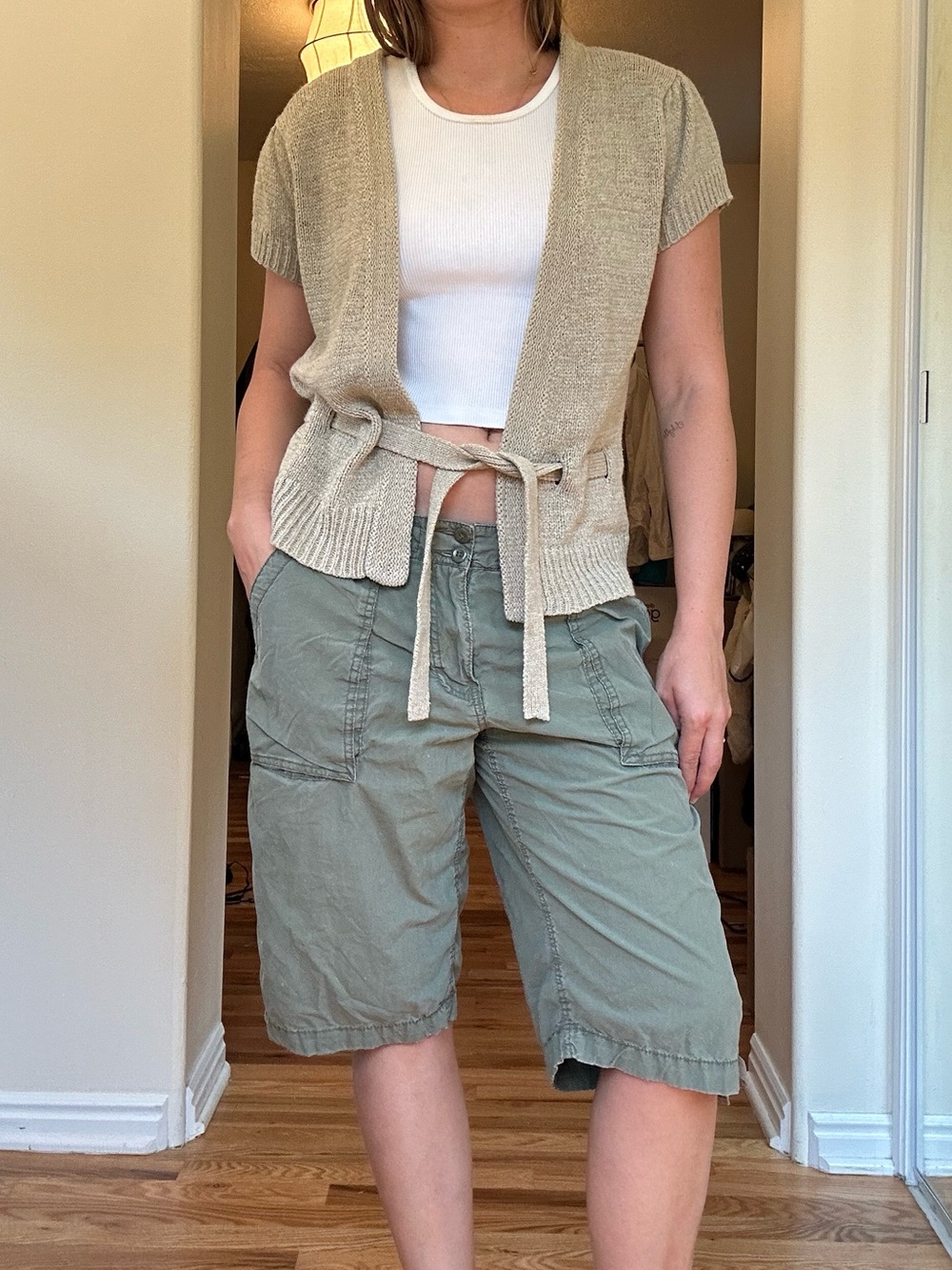 Adorable August silk Beige Open Knit Tie-Front Cardigan - Picture 3 of 7